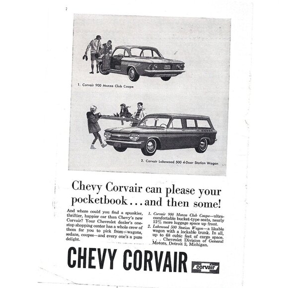 Chevy Corvair 900 Monza Club Coupe Lakewood Station Wagon Advertisement Print - Picture 1 of 2